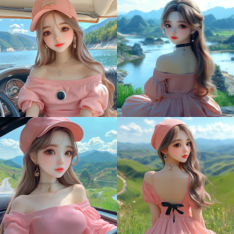 美女在山路开车，山水风景，远处山脉，近处溪流，温馨治愈，自然风光，广角镜头，柔和光线，清晨，宁静，绿色调，放松。 360度全景 主观视角 全景