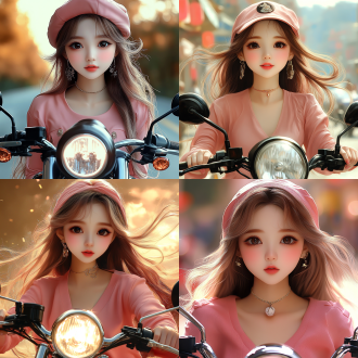 女孩骑摩托车，动感十足，街头背景，高饱和度，广角镜头，逆光，高速快门，自信表情，皮衣装扮，风驰电掣。