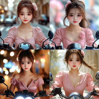 女孩骑摩托车，动感十足，街头背景，高饱和度，广角镜头，逆光，高速快门，自信表情，皮衣装扮，风驰电掣。