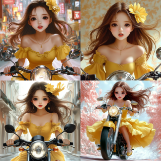 女孩骑摩托车，动感十足，街头背景，高饱和度，广角镜头，逆光，高速快门，自信表情，皮衣装扮，风驰电掣。