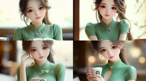 女孩在星巴克喝咖啡，室内温馨，柔和光线，书本咖啡，沉思表情，近景镜头，自然光，暖色调，宁静氛围，专注神情。