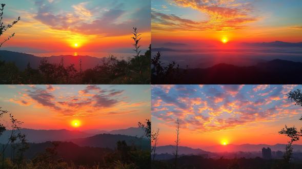 夕阳天空美景，广阔天空，橙红色渐变，云朵飘浮，地平线，长焦镜头，柔和光线，慢快门，宁静，温暖。