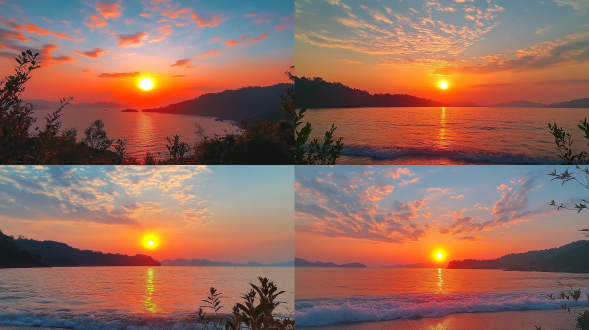 日出天空美景，地平线构图，渐变色彩，宁静海面，长焦镜头，柔和光线，低角度，温暖色调，宁静，希望。