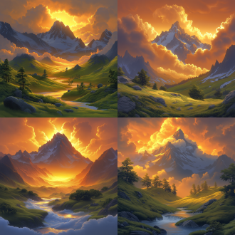 山脉日落，金色余晖，远景构图，山峦连绵，云雾缭绕，自然风光，长焦镜头，柔和光线，静谧，温暖色调，宁静安详。