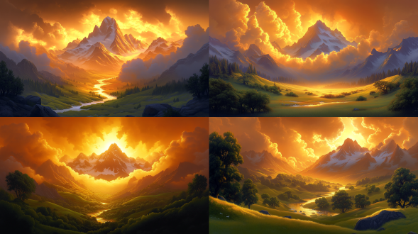 山脉日落，金色余晖，远景构图，山峦连绵，云雾缭绕，自然风光，长焦镜头，柔和光线，静谧，温暖色调，宁静安详。