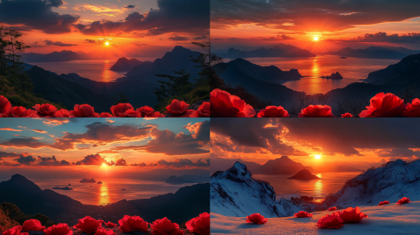 山脉日落，金色余晖，远景构图，山峦连绵，云雾缭绕，自然风光，长焦镜头，柔和光线，静谧，温暖色调，宁静安详。