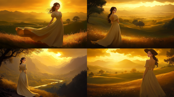 美女山间，自然风光，长裙飘逸，微笑，远景，广角镜头，柔和光线，慢快门，清新，宁静。