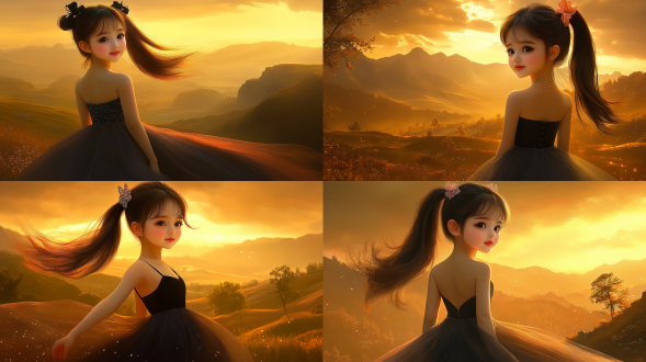 美女山间，自然风光，长裙飘逸，微笑，远景，广角镜头，柔和光线，慢快门，清新，宁静。