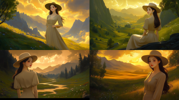 美女山间，自然风光，长发飘逸，微笑，远景，广角镜头，柔和光线，清新空气，绿色植被，宁静，和谐。