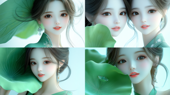 上海女性，半身优雅，大绿莲叶遮面，美目含笑，红唇长睫，素颜柔滑，黑汉服，纯白背景，禅意空灵，上方留白，极简主义，中景，高光对比，自然光，柔和线条，宁静微笑，纯净色彩，神秘美感。