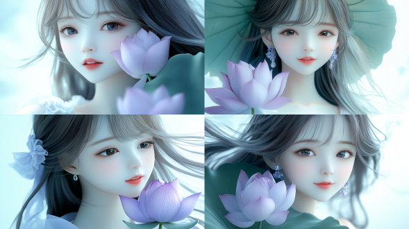 上海女性，半身优雅，大绿莲叶遮面，美目含笑，红唇长睫，素颜柔滑，黑汉服，纯白背景，禅意空灵，上方留白，极简主义，中景，高光对比，自然光，柔和线条，宁静微笑，纯净色彩，神秘美感。