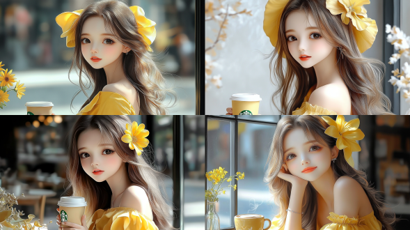 女孩星巴克喝咖啡，桌子摆放咖啡，温馨室内，自然光，中景，广角镜头，柔和色调，微笑，放松，舒适。 主观视角 半身