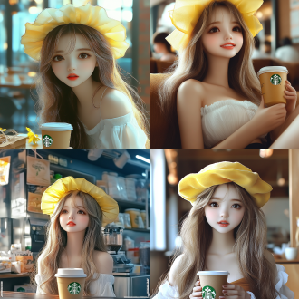 女孩星巴克咖啡厅，温馨布局，柔和光线，室内环境，标准镜头，自然光，慢快门，静坐，放松表情，棕色咖啡，温暖色调。