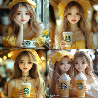 女孩星巴克喝咖啡，桌子摆放咖啡，温馨室内，自然光，全景，广角镜头，柔和色调，微笑，放松，舒适。 主观视角 半身