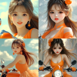 女孩骑摩托车，优美，动态捕捉，户外风景，长焦镜头，逆光，高速快门，自信微笑，长发飘逸，运动装，活力四射，蓝天白云，清新色彩，自由感。