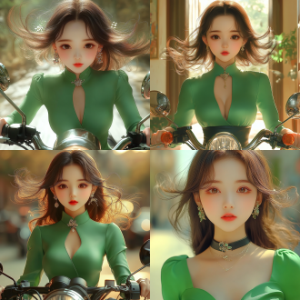 女孩骑摩托车，霸气服装，煞风范，动态抓拍，街头背景，黑色皮衣，墨镜，长发飘逸，仰角镜头，硬光，高速快门，自信，冷色调，力量感。