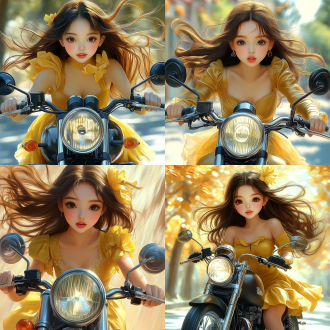 女孩骑摩托车，动感十足，街道背景，高饱和度，广角镜头，逆光，高速快门，自信表情，皮衣装扮，风驰电掣。