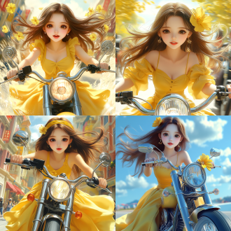 女孩骑摩托车，摩托车全景，动感十足，街道背景，高饱和度，广角镜头，逆光，高速快门，自信表情，皮衣装扮，风驰电掣。