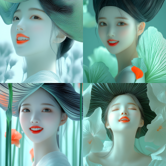 女孩花海微笑，中央构图，自然光，柔和色调，长焦镜头，微距，白色连衣裙，长发飘扬，宁静，温馨。