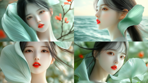 女孩站在风景中，简约风格，宁静表情，长发飘逸，白色连衣裙，远景，自然光，长焦镜头，柔和色彩，平静氛围。