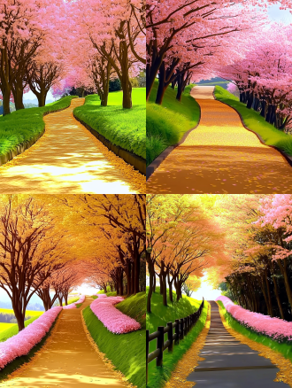开花的天堂之路，动画电影场景，黄色红外线，金色树叶，楼梯，金色电脑，落叶，彩绘风景，楼梯，对称构图，柔和光线，广角镜头，暖色调，细腻纹理，优雅氛围，梦幻色彩，宁静情感，8k，超高清。