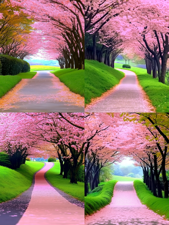 开花的天堂之路，动画电影场景，黄色红外线，金色树叶，楼梯，金色电脑，落叶，彩绘风景，楼梯，对称构图，柔和光线，广角镜头，暖色调，细腻纹理，优雅氛围，梦幻色彩，宁静情感，8k，超高清。