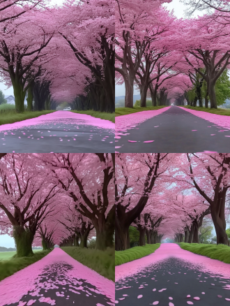 绿粉树木协调，小路幽默，宁静舒心，对称构图，自然风光，柔和色调，长焦镜头，清晨阳光，慢快门，微风轻拂，树叶摇曳，愉悦，放松。