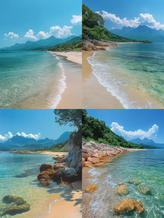 主题：云南夏日海边的宁静一隅 视角与构图：广角镜头捕捉，远景展现海滩与远处山峦的和谐共生。 色彩： 天空：清澈的蓝，几朵白云悠然飘过，显得格外宁静。 海水：碧绿中带有一丝蔚蓝，清澈见底，仿佛能窥见海底的秘密。 元素描述： 波浪：层层叠叠，轻柔地拍打着沙滩，每一次触碰都带来一阵凉爽。 沿海石：形态各异，有的嶙峋陡峭，有的圆润光滑，记录着岁月的故事。 树木：郁郁葱葱，枝叶茂盛，为海滩提供了一片凉爽的绿荫，也成为鸟儿的乐园。 宁静氛围：周围空无一人，只有海风和鸟鸣相伴，让人感受到前所未有的宁静与放松。 风格与情感：细腻入微的现实主义风格，每一笔都透露着对自然之美的敬畏与赞美，非常适合追求心灵宁静的00后和90后女性群体。
