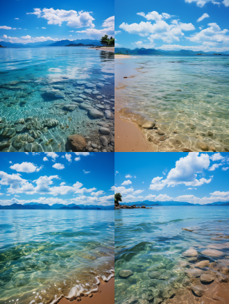 主题：云南夏日海边的宁静一隅 视角与构图：广角镜头捕捉，远景展现海滩与远处山峦的和谐共生。 色彩： 天空：清澈的蓝，几朵白云悠然飘过，显得格外宁静。 海水：碧绿中带有一丝蔚蓝，清澈见底，仿佛能窥见海底的秘密。 元素描述： 波浪：层层叠叠，轻柔地拍打着沙滩，每一次触碰都带来一阵凉爽。 沿海石：形态各异，有的嶙峋陡峭，有的圆润光滑，记录着岁月的故事。 树木：郁郁葱葱，枝叶茂盛，为海滩提供了一片凉爽的绿荫，也成为鸟儿的乐园。 宁静氛围：周围空无一人，只有海风和鸟鸣相伴，让人感受到前所未有的宁静与放松。 风格与情感：细腻入微的现实主义风格，每一笔都透露着对自然之美的敬畏与赞美，非常适合追求心灵宁静的00后和90后女性群体。