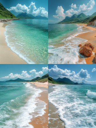 主题：云南夏日海边的宁静一隅 视角与构图：广角镜头捕捉，远景展现海滩与远处山峦的和谐共生。 色彩： 天空：清澈的蓝，几朵白云悠然飘过，显得格外宁静。 海水：碧绿中带有一丝蔚蓝，清澈见底，仿佛能窥见海底的秘密。 元素描述： 波浪：层层叠叠，轻柔地拍打着沙滩，每一次触碰都带来一阵凉爽。 近处一群海鸥飞翔，沿海石：形态各异，有的嶙峋陡峭，有的圆润光滑，记录着岁月的故事。宁静氛围：周围空无一人，只有海风和鸟鸣相伴，让人感受到前所未有的宁静与放松。 风格与情感：细腻入微的现实主义风格，每一笔都透露着对自然之美的敬畏与赞美，非常适合追求心灵宁静的00后和90后女性群体。