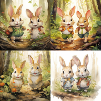 一对爱笑可爱兔子，她喜欢探索和了解世界，在森林里，宫崎骏绘画风格，全身像镜头，插画水彩材质，白天光源，高质量，多细节，高清