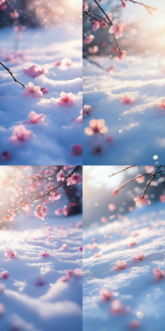 雪地上落满梅花瓣的雪天场景，阳光从右上角照下，低角度构图，冷色调，雪景，标准镜头，柔和光线，宁静。