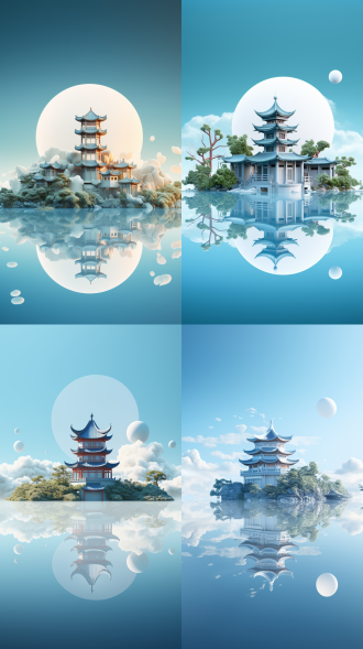 徽式建筑，月亮高悬，淡蓝色背景，静谧神秘，桌面月饼，c4d风格，oc渲染，远焦镜头，柔和侧光，360全景，大卫·霍克尼风格，蓝色织物，高分辨率，温馨画面，中秋主题，传统与现代结合。