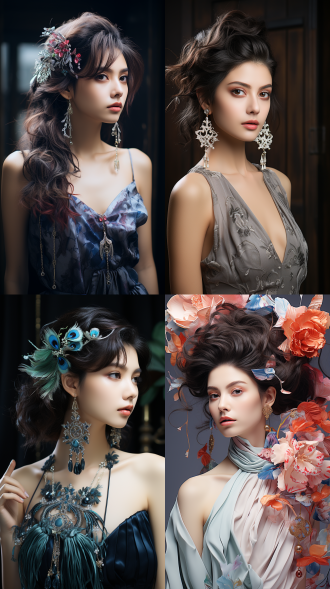 东方美女，珠宝闪耀，古典发饰，极简设计，姿态优雅，多彩迷幻，现代时尚，精致细腻，3:4比例，niji 6风格，柔和光线，侧影轮廓，华丽耳环，梦幻色彩，神秘气质。 中式服装 超扁平