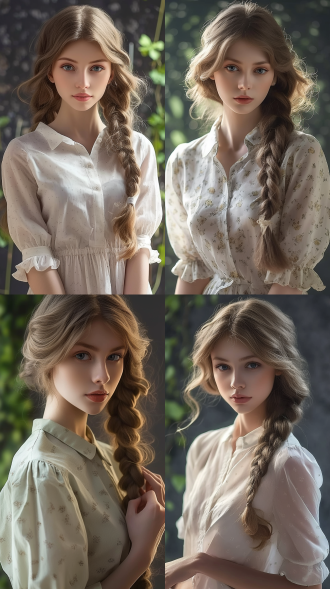 女孩手拿裙摆，花园里，背景模糊，绿色调，浪漫风，垂直构图，长焦镜头，柔光，慢快门，优雅，微笑，自然，清新。