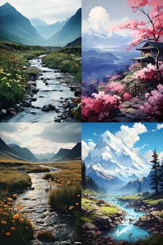 远山清晰，水流无声，春花凋零，远景构图，自然风光，长焦镜头，柔和光线，静态捕捉，宁静，淡雅色彩，哀愁。