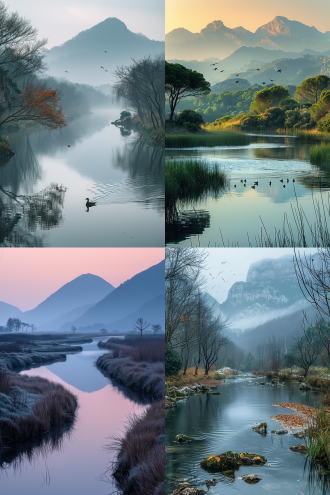 远山淡影，溪流深潭，静谧无声，水波不兴，鸟儿自由，和谐自然，层次分明，清新自然，宁静深邃，和谐共处，柔和光线，低饱和度，静态捕捉，细腻描绘，深刻感悟，远景镜头，自然光，慢快门，平静，淡雅色彩，深邃感。