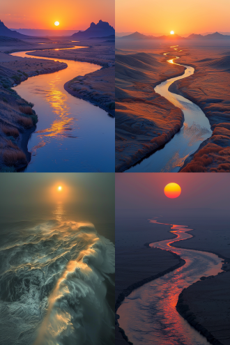 大漠孤烟直，长河落日圆，广阔沙漠，孤烟直上，长河蜿蜒，夕阳圆润，地平线构图，冷暖色调对比，远景镜头，黄昏光线，宁静，壮丽。