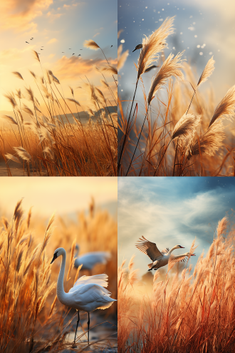 蓬草随风，边塞翱翔，广阔天空，细腻质感，北归大雁，优雅姿态，云天背景，柔和光线，长焦镜头，自然色彩，宁静和谐。