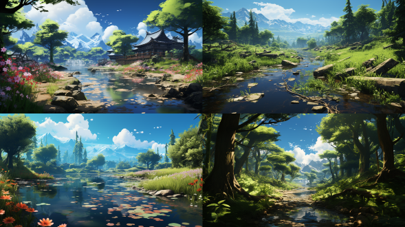 新海诚风，油画材质，清澈的小溪，静谧，枫叶林，unity引擎，动漫质感，超高分辨率，阳光普照，水光粼粼，景深，透视法，细腻笔触，传统手绘，光影，丰富细节，真实光影，史诗滤镜，孤独氛围感，丁达尔效应，细节纹理，极致清晰度。