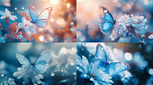 发光的淡蓝色蝴蝶，x线折射纹理，半透明花朵，水珠低落，阳光折射，梦幻色彩，高清画质，高分辨率，鲜明明亮，细节丰富，柔和光线，自然环境，微距镜头，色彩饱和，宁静美感。