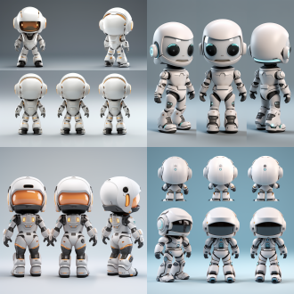 三视图，全身，背面，双手指挥操作，卡通ip，智能机器人，白色宇航员玻璃帽子，科技感，笑脸欢迎，干净背景，pop mart，pixar，ip盲盒，粘土材料，柔和颜色，工作室灯光，octane render，3d，c4d，超高清8k，16:9纵横比，卡通风格，未来感，创意设计，细节丰富，色彩鲜艳，立体感强，艺术表现力。