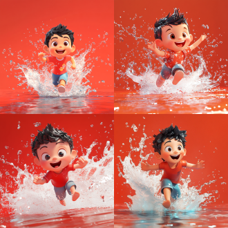 3d卡通游戏场景，水飞溅，小男孩奔跑，红色背景，干净背景，皮克斯动画风格，夸张形状色彩，夸张动作，艺术站热门，高分辨率，动态捕捉，鲜艳色彩，活泼表情，广角镜头，侧光，快速快门，动态模糊，高饱和度，欢乐氛围。