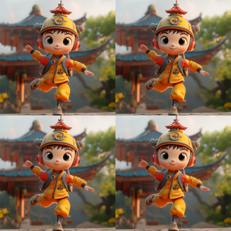 3d卡通游戏场景，ai机器人，水花纹衣服，头顶宝塔，小男孩奔跑，干净背景，皮克斯风格，夸张形状色彩，夸张动作，艺术站热门，高分辨率，动态捕捉，鲜艳色彩，活泼表情，广角镜头，正面光，快速快门，动感十足，欢乐氛围。