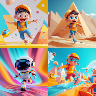 3d卡通游戏场景，ai机器人，水波纹衣服，宝塔塔尖，小男孩奔跑，干净背景，皮克斯风格，夸张形状色彩，夸张动作，艺术站热门，高分辨率，动态捕捉，鲜艳色彩，活泼表情，广角镜头，高饱和度，正面光，快速快门，动态模糊，欢快。