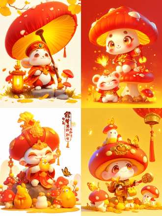 新春蘑菇插画，喜庆春节，可爱彩灯结构，发光，中心构图，暖色调，柔和光线，广角镜头，细节丰富，温馨，欢乐。