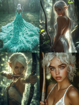 精灵女王手拿弓箭，白色半透明薄纱连衣裙，全身写实，森林背景，白色头发，尖耳朵，对角线布局，高对比度，自然光，广角镜头，柔和阴影，动态姿势，神秘感，绿色调，优雅。 正视