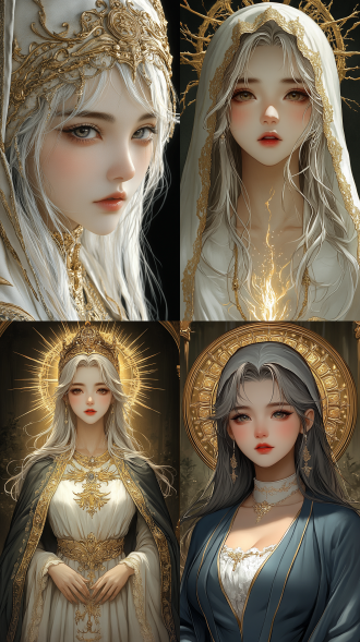 photorealistic, in the style of artgerm, the beauteous popess, intensely religious and full of holy magic, engulfed in holy iridescent fractal flames, her gaze fixed firmly on the camera as she radiates holy power amid a backdrop of a tranquil valley of waterfalls and greenery and little rivers in broad daylight as inspired by the work of daniel kordan, 8k, uhd, digital