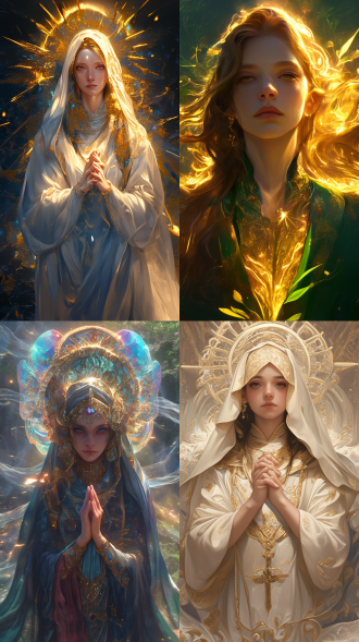 photorealistic, in the style of artgerm, the beauteous popess, intensely religious and full of holy magic, engulfed in holy iridescent fractal flames, her gaze fixed firmly on the camera as she radiates holy power amid a backdrop of a tranquil valley of waterfalls and greenery and little rivers in broad daylight as inspired by the work of daniel kordan, 8k, uhd, digital
