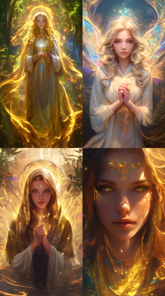 photorealistic, in the style of artgerm, the beauteous popess, intensely religious and full of holy magic, engulfed in holy iridescent fractal flames, her gaze fixed firmly on the camera as she radiates holy power amid a backdrop of a tranquil valley of waterfalls and greenery and little rivers in broad daylight as inspired by the work of daniel kordan, 8k, uhd, digital